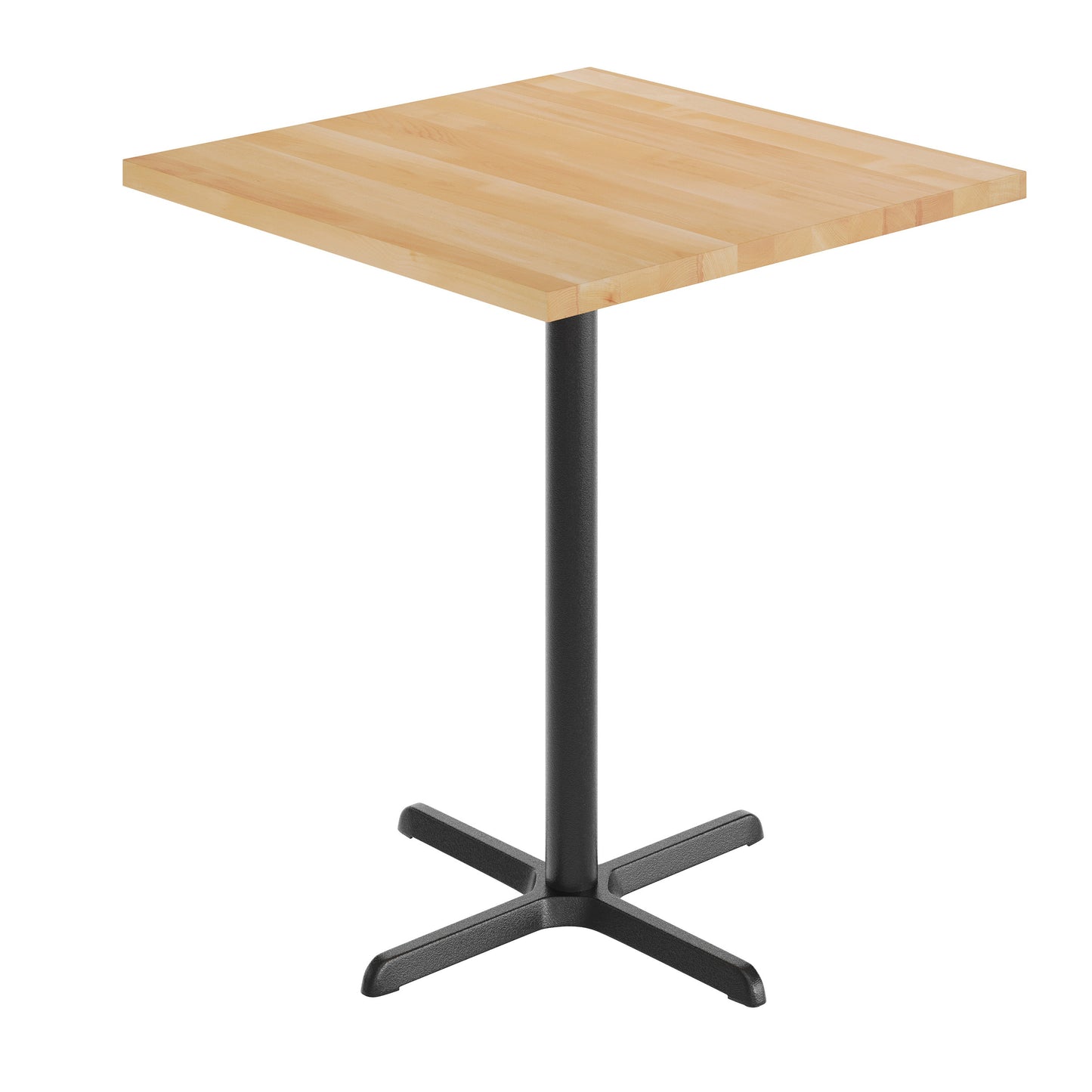 Bennett 36" Square Solid Wood Commercial Indoor Tabletop in Natural with 30" x 30" Bar Height Rust-Resistant Black Cast Iron X-Base Natural Top/Black Base