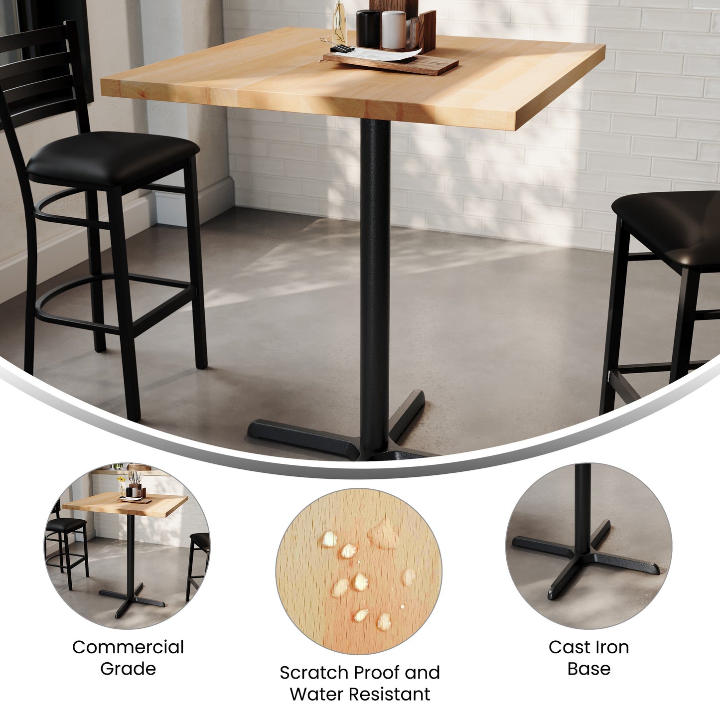 Bennett 36" Square Solid Wood Commercial Indoor Tabletop in Natural with 30" x 30" Bar Height Rust-Resistant Black Cast Iron X-Base Natural Top/Black Base