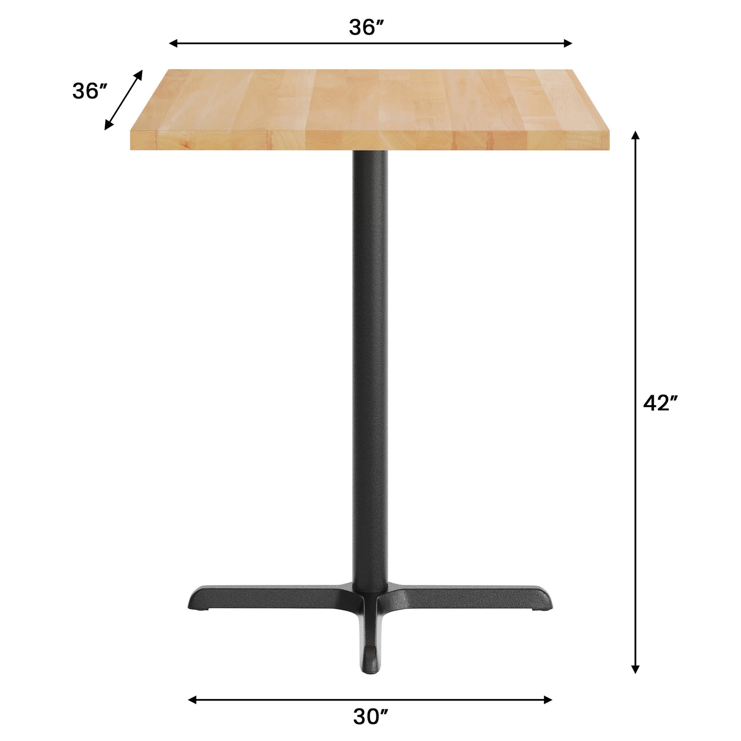 Bennett 36" Square Solid Wood Commercial Indoor Tabletop in Natural with 30" x 30" Bar Height Rust-Resistant Black Cast Iron X-Base Natural Top/Black Base