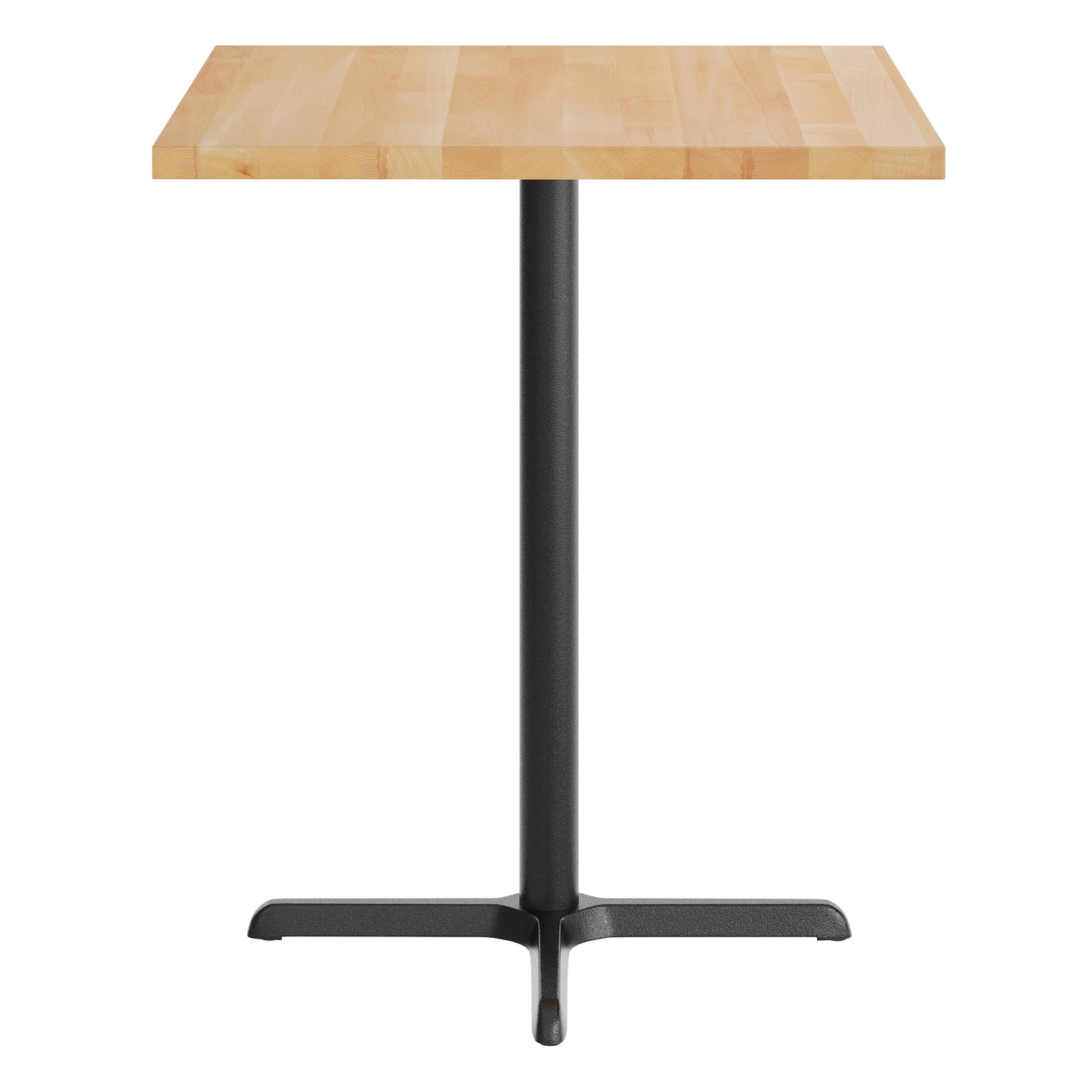 Bennett 36" Square Solid Wood Commercial Indoor Tabletop in Natural with 30" x 30" Bar Height Rust-Resistant Black Cast Iron X-Base Natural Top/Black Base