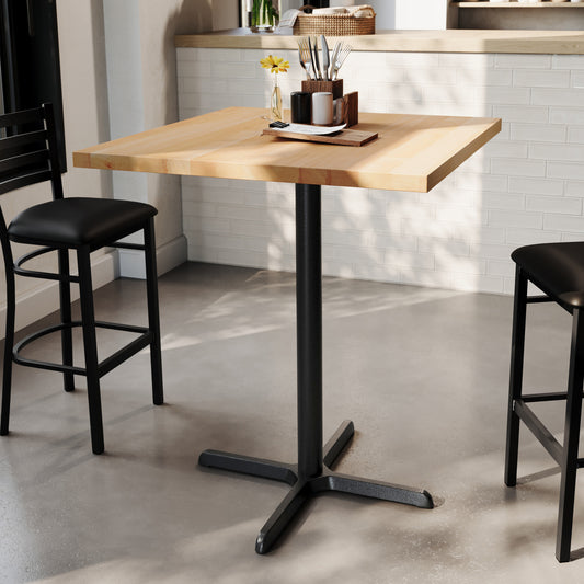 Bennett 36" Square Solid Wood Commercial Indoor Tabletop in Natural with 30" x 30" Bar Height Rust-Resistant Black Cast Iron X-Base Natural Top/Black Base