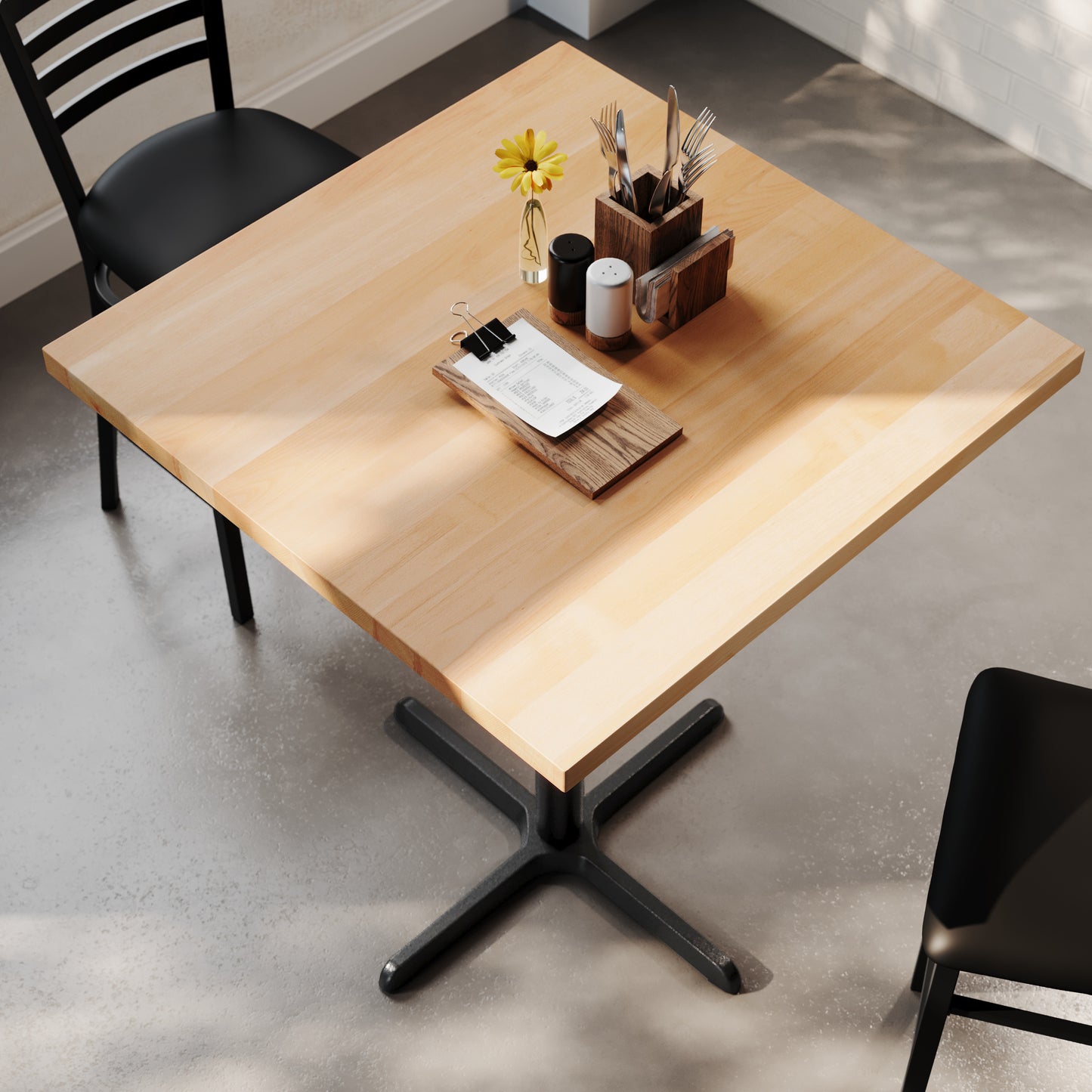 Bennett 36" Square Solid Wood Commercial Indoor Tabletop in Natural with 30" x 30" Bar Height Rust-Resistant Black Cast Iron X-Base Natural Top/Black Base