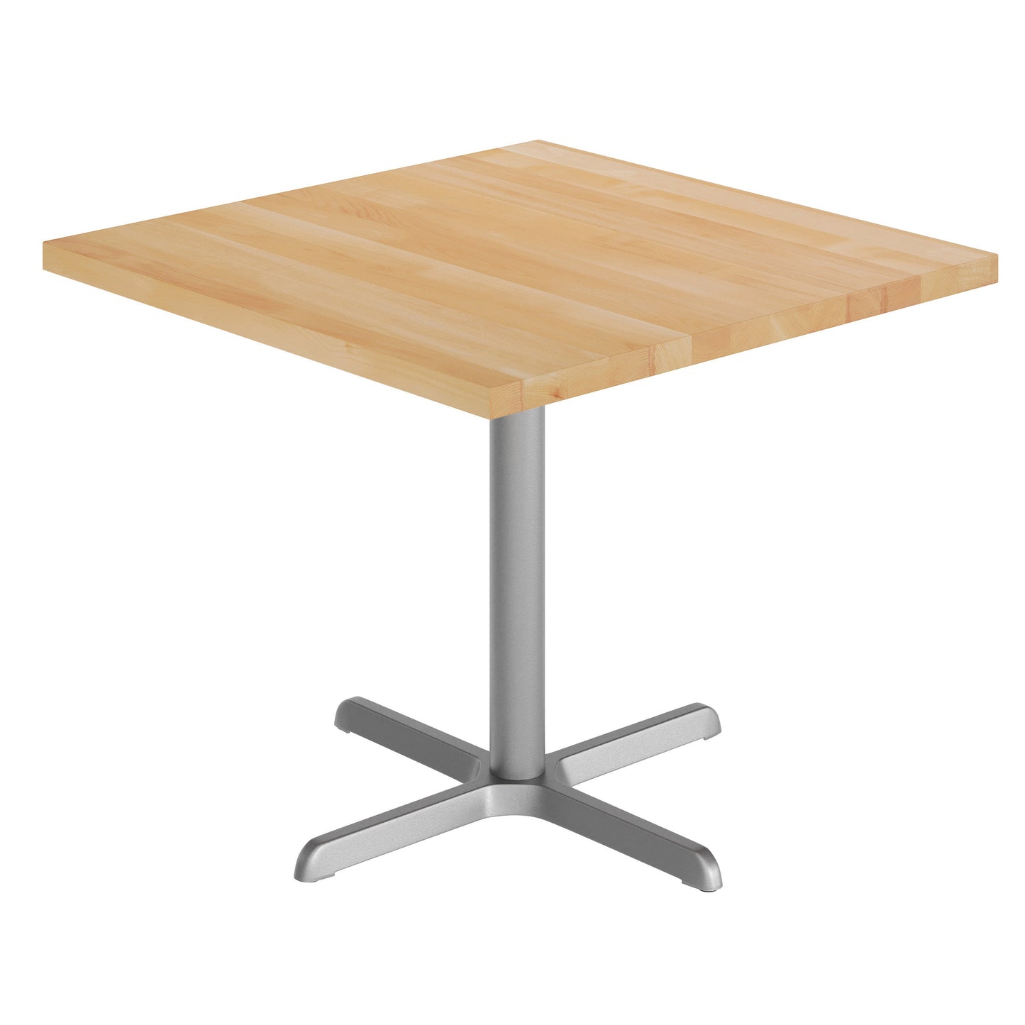 Bennett 36" Square Solid Wood Commercial Indoor Tabletop in Natural with 30" x 30" Dining Height Rust-Resistant Silver Cast Iron X-Base Natural Top/Silver Base