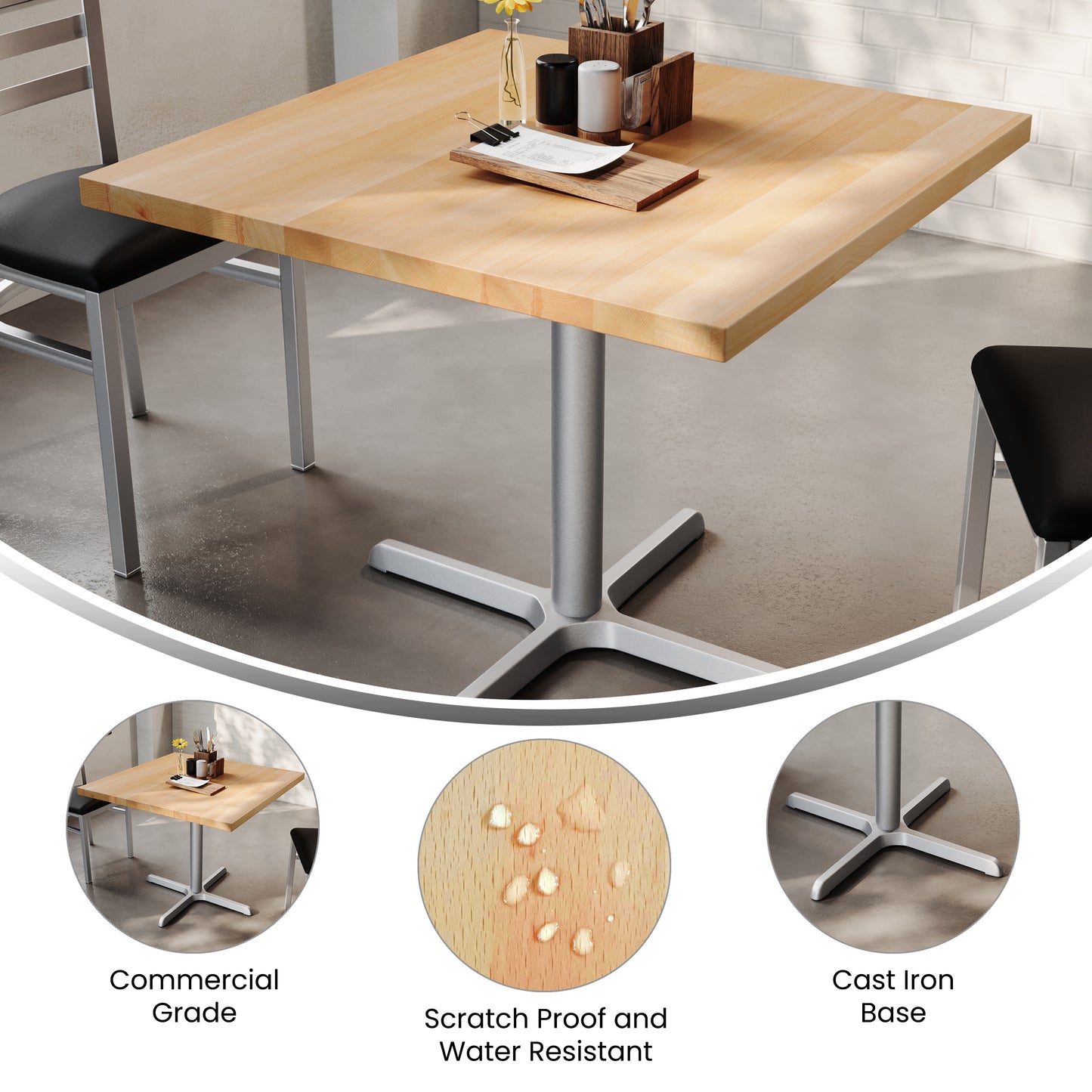 Bennett 36" Square Solid Wood Commercial Indoor Tabletop in Natural with 30" x 30" Dining Height Rust-Resistant Silver Cast Iron X-Base Natural Top/Silver Base