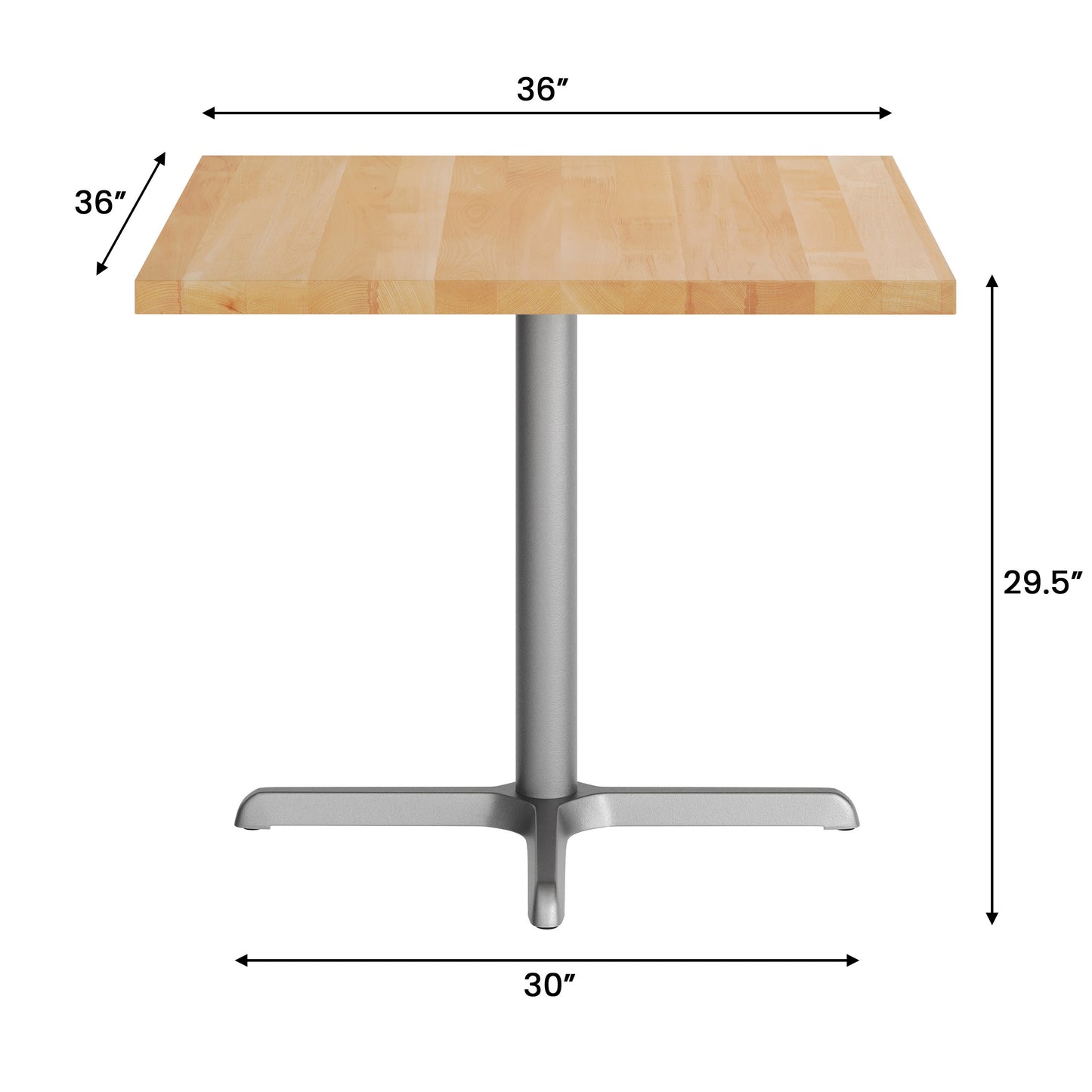 Bennett 36" Square Solid Wood Commercial Indoor Tabletop in Natural with 30" x 30" Dining Height Rust-Resistant Silver Cast Iron X-Base Natural Top/Silver Base