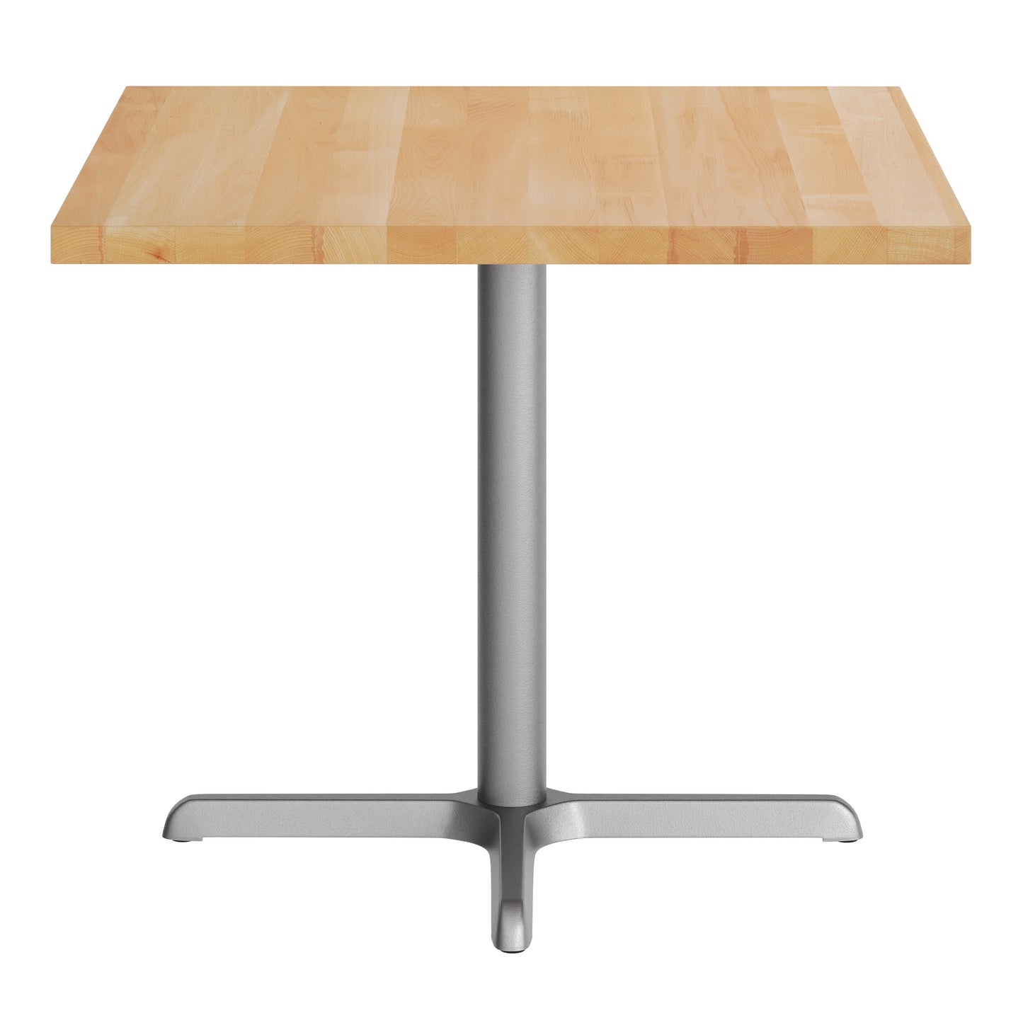 Bennett 36" Square Solid Wood Commercial Indoor Tabletop in Natural with 30" x 30" Dining Height Rust-Resistant Silver Cast Iron X-Base Natural Top/Silver Base