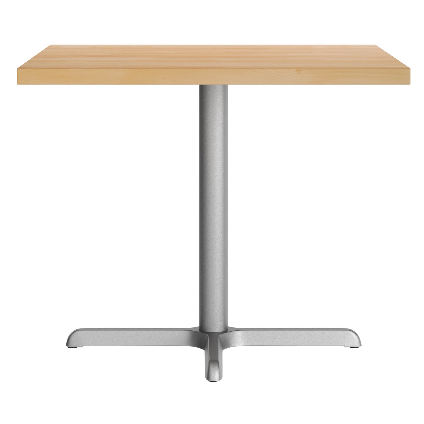 Bennett 36" Square Solid Wood Commercial Indoor Tabletop in Natural with 30" x 30" Dining Height Rust-Resistant Silver Cast Iron X-Base Natural Top/Silver Base