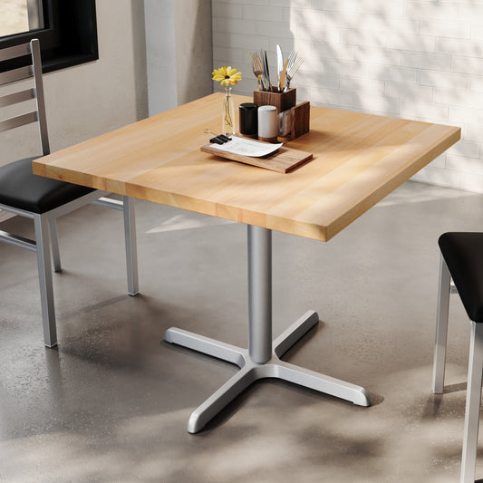 Bennett 36" Square Solid Wood Commercial Indoor Tabletop in Natural with 30" x 30" Dining Height Rust-Resistant Silver Cast Iron X-Base Natural Top/Silver Base
