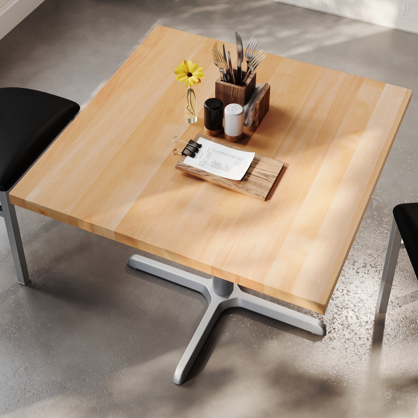 Bennett 36" Square Solid Wood Commercial Indoor Tabletop in Natural with 30" x 30" Dining Height Rust-Resistant Silver Cast Iron X-Base Natural Top/Silver Base