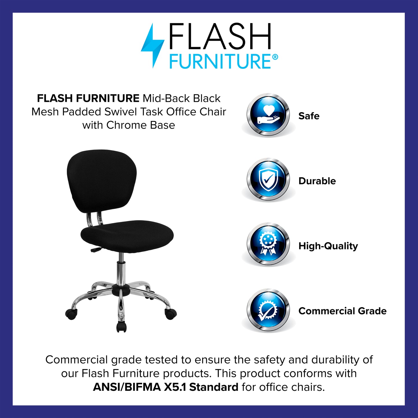 Beverly Mid-Back Black Mesh Padded Swivel Task Office Chair with Chrome Base Black