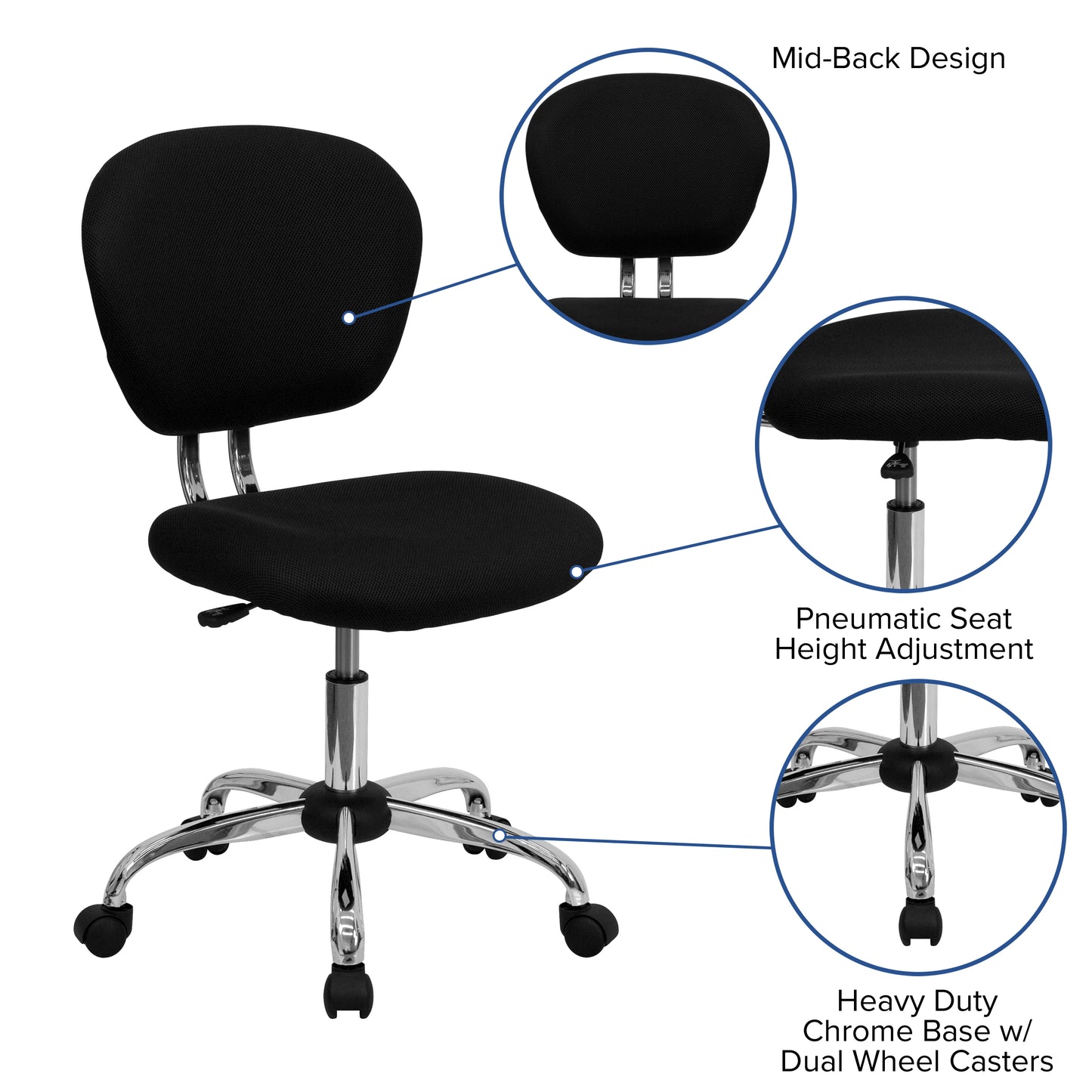 Beverly Mid-Back Black Mesh Padded Swivel Task Office Chair with Chrome Base Black