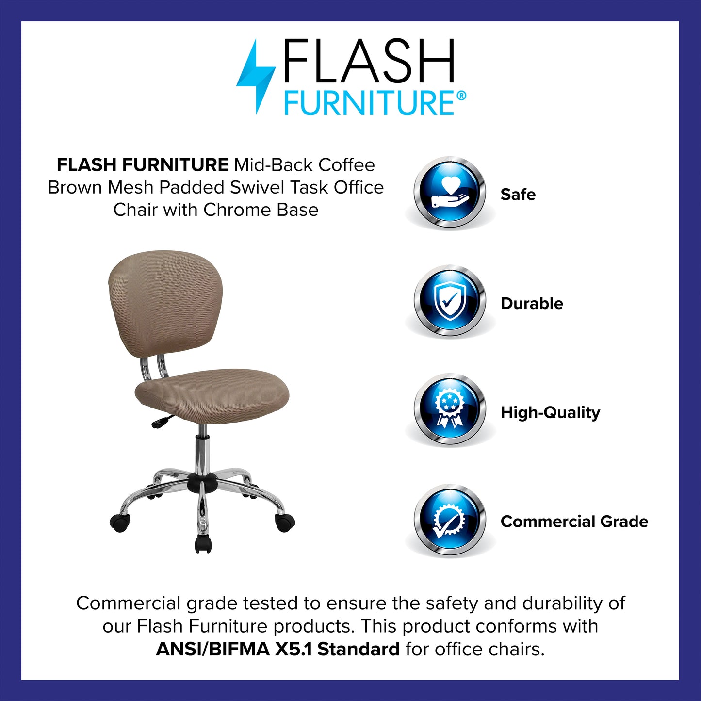 Beverly Mid-Back Coffee Brown Mesh Padded Swivel Task Office Chair with Chrome Base Coffee Brown