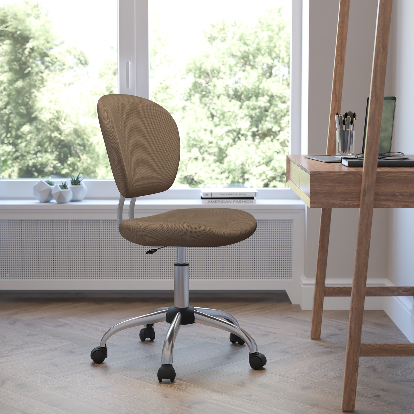 Beverly Mid-Back Coffee Brown Mesh Padded Swivel Task Office Chair with Chrome Base Coffee Brown