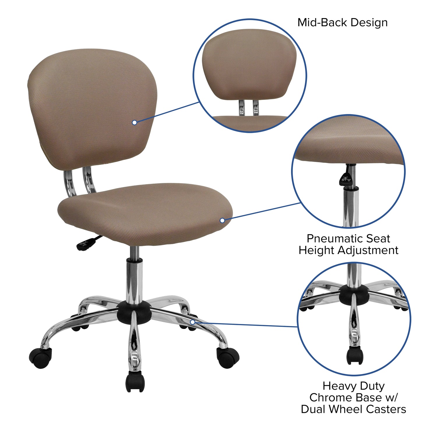 Beverly Mid-Back Coffee Brown Mesh Padded Swivel Task Office Chair with Chrome Base Coffee Brown
