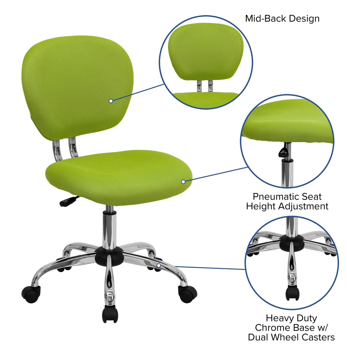 Beverly Mid-Back Apple Green Mesh Padded Swivel Task Office Chair with Chrome Base Apple Green