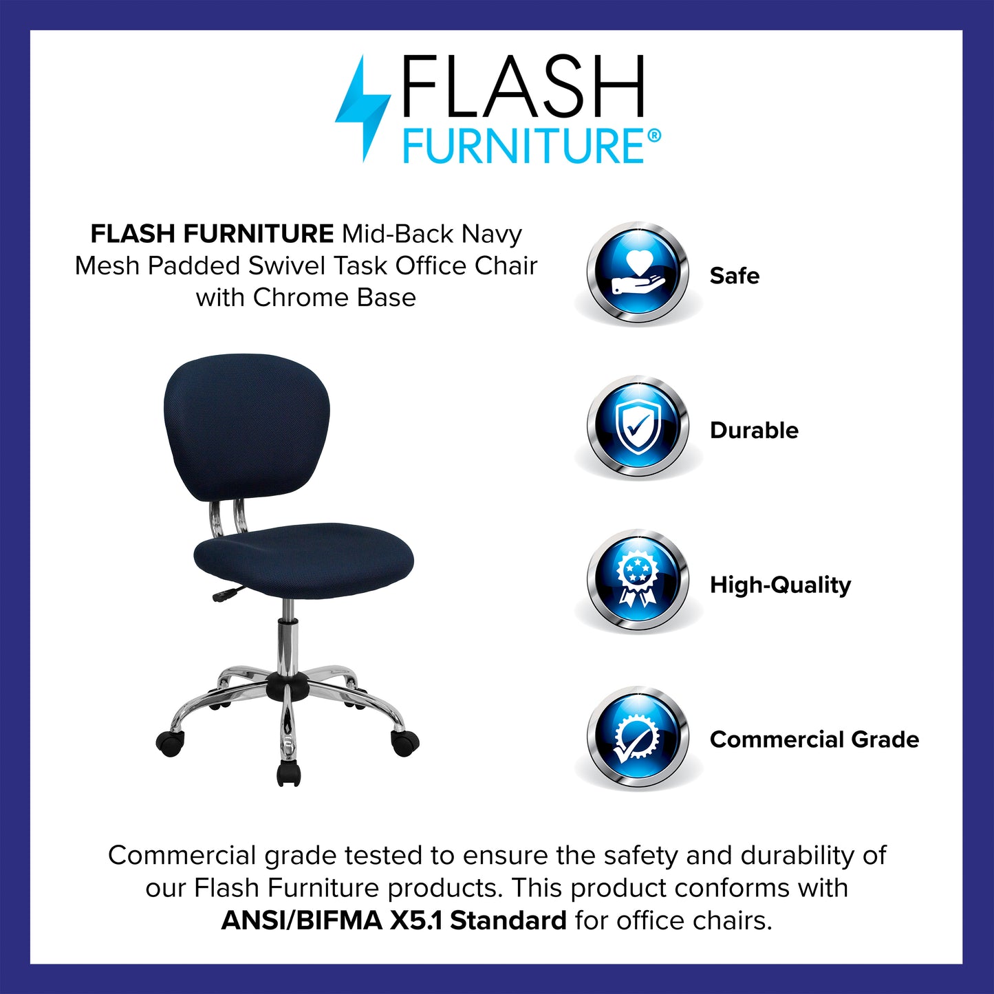 Beverly Mid-Back Navy Mesh Padded Swivel Task Office Chair with Chrome Base Navy
