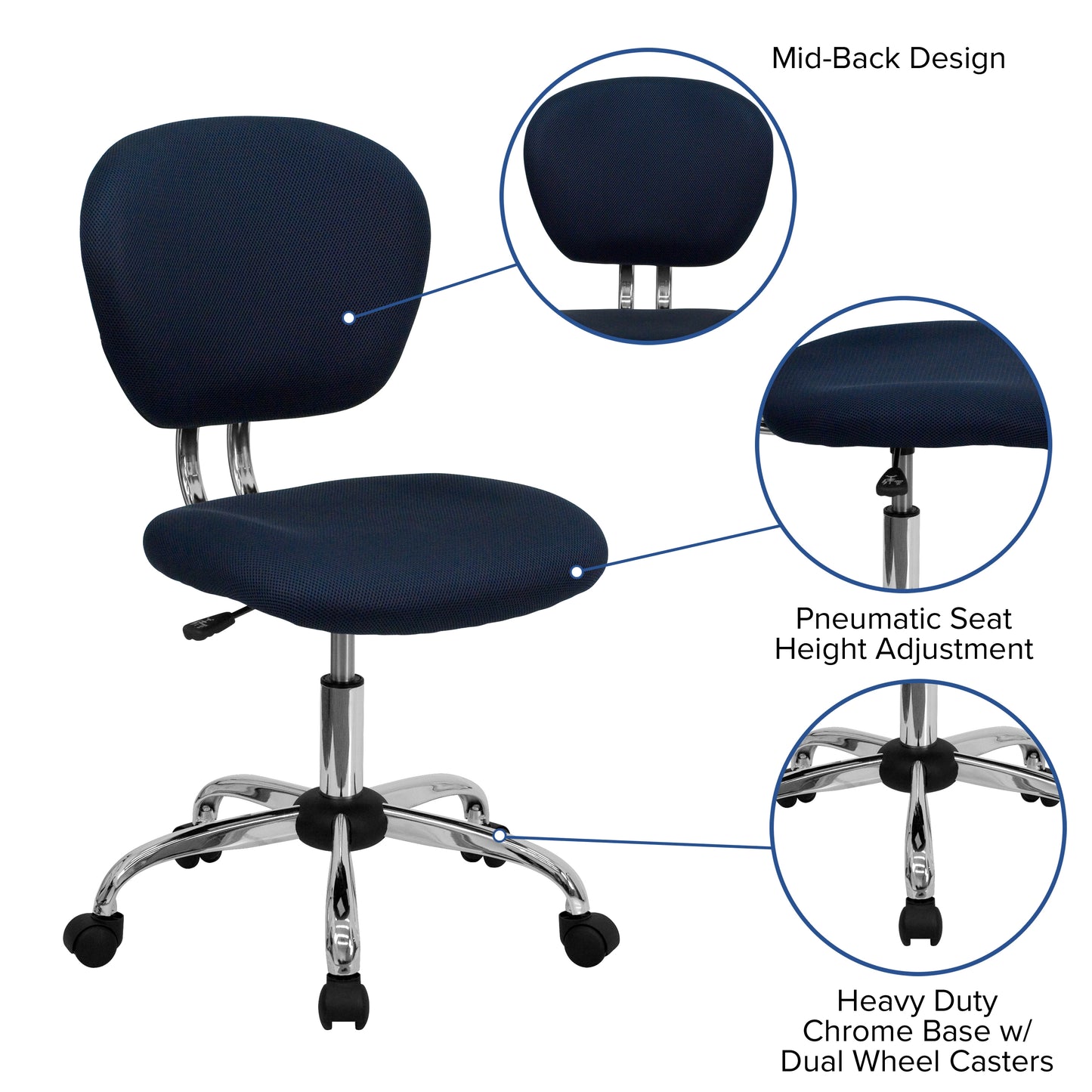 Beverly Mid-Back Navy Mesh Padded Swivel Task Office Chair with Chrome Base Navy