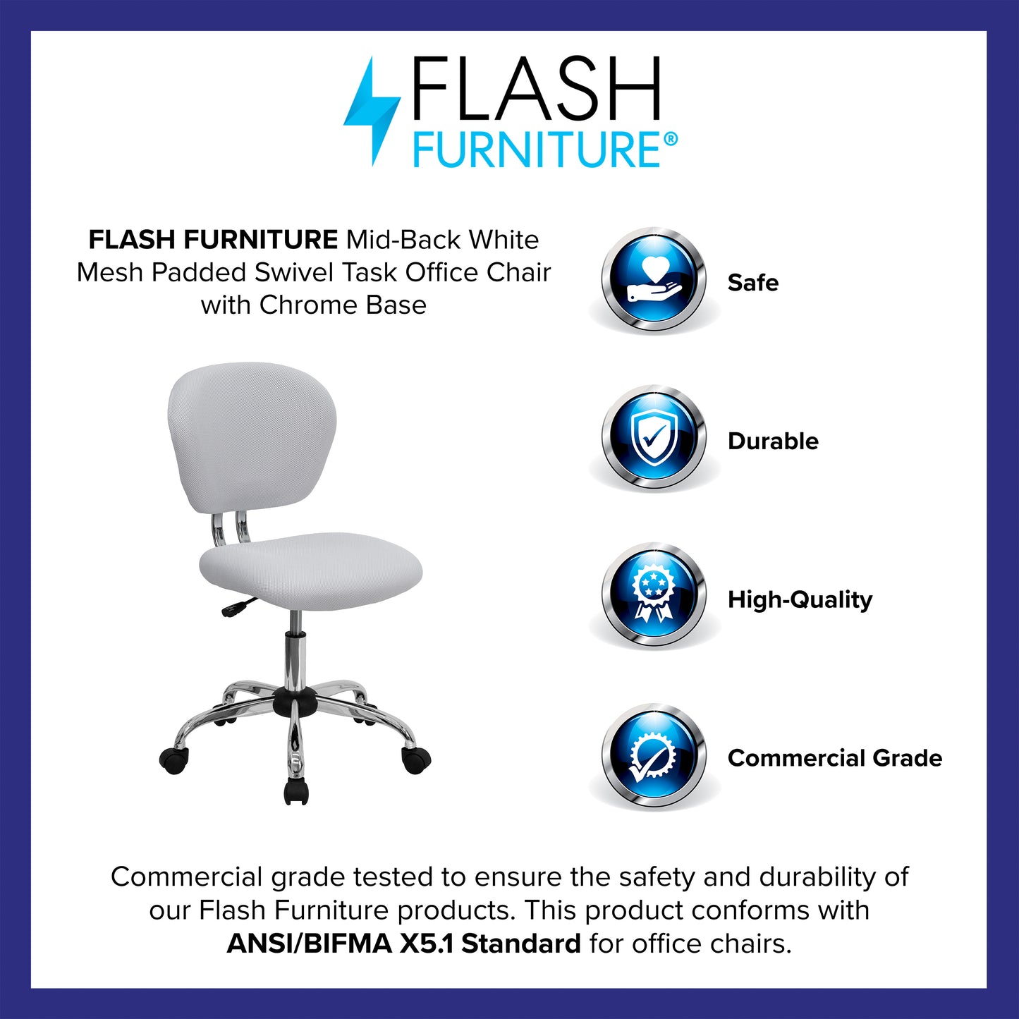 Beverly Mid-Back White Mesh Padded Swivel Task Office Chair with Chrome Base White