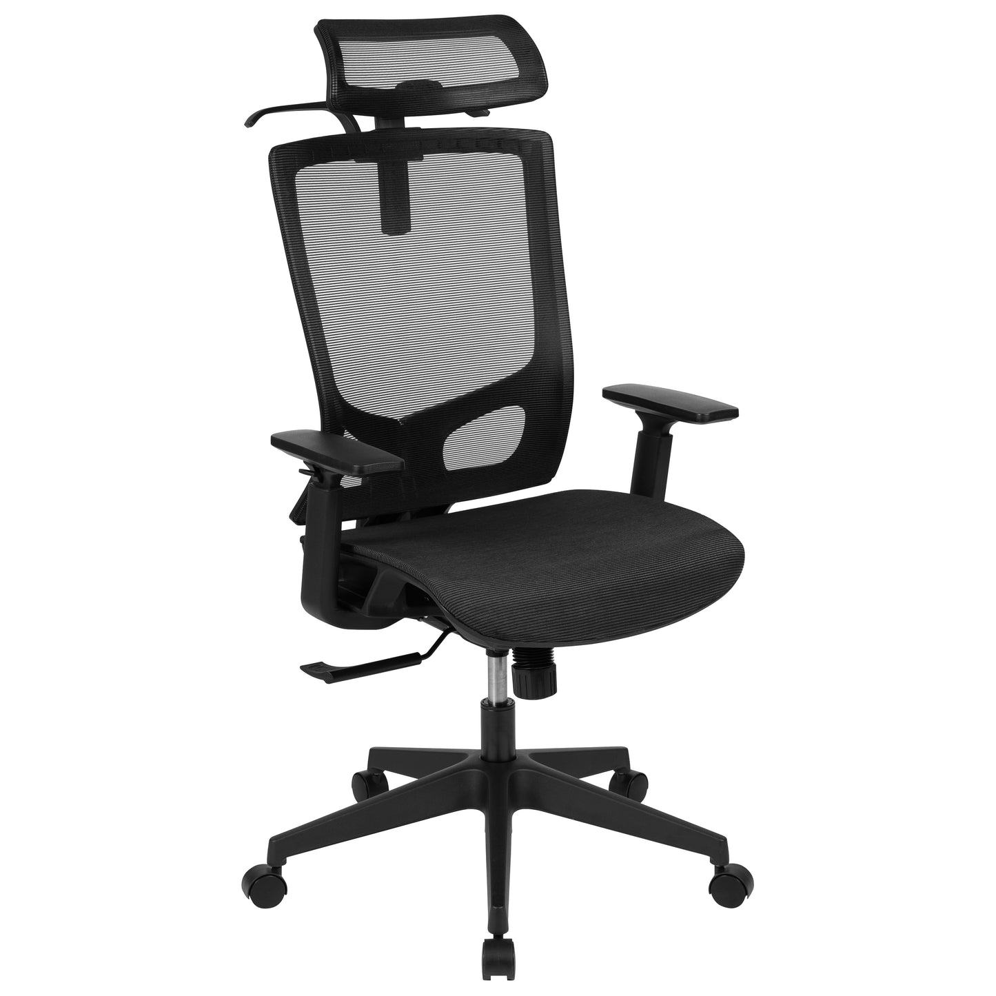 Layla Ergonomic Mesh Office Chair with Synchro-Tilt, Pivot Adjustable Headrest, Lumbar Support, Coat Hanger and Adjustable Arms in Black Black