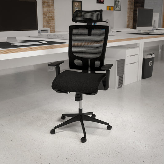 Layla Ergonomic Mesh Office Chair with Synchro-Tilt, Pivot Adjustable Headrest, Lumbar Support, Coat Hanger and Adjustable Arms in Black Black H-2809-1KY-BK-GG