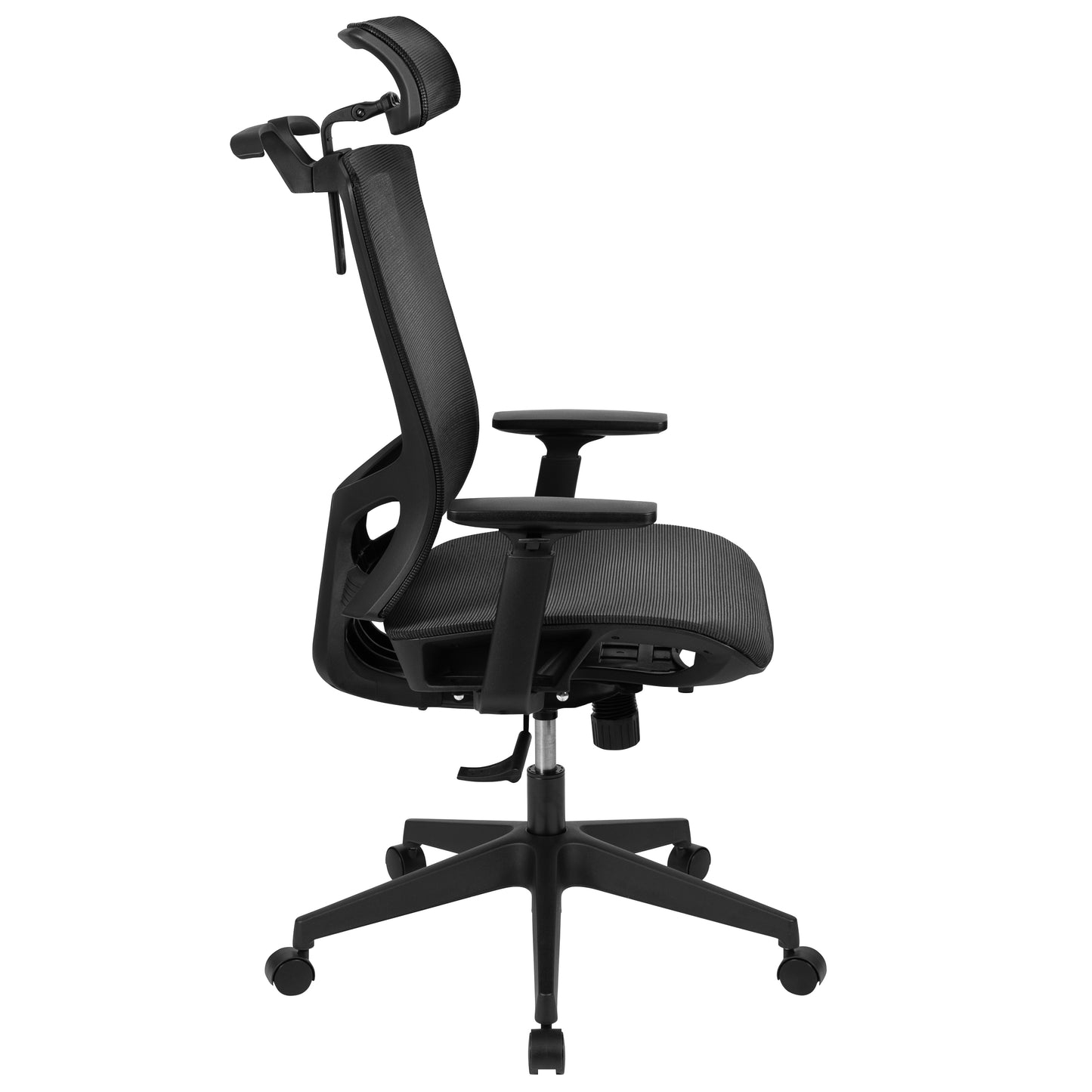 Layla Ergonomic Mesh Office Chair with Synchro-Tilt, Pivot Adjustable Headrest, Lumbar Support, Coat Hanger and Adjustable Arms in Black Black