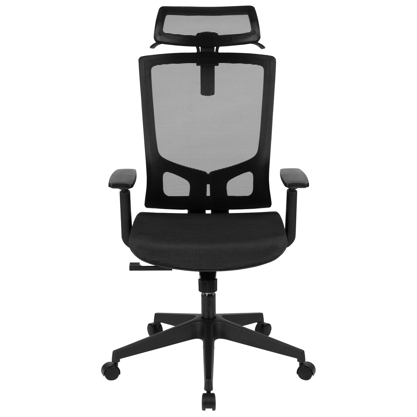 Layla Ergonomic Mesh Office Chair with Synchro-Tilt, Pivot Adjustable Headrest, Lumbar Support, Coat Hanger and Adjustable Arms in Black Black