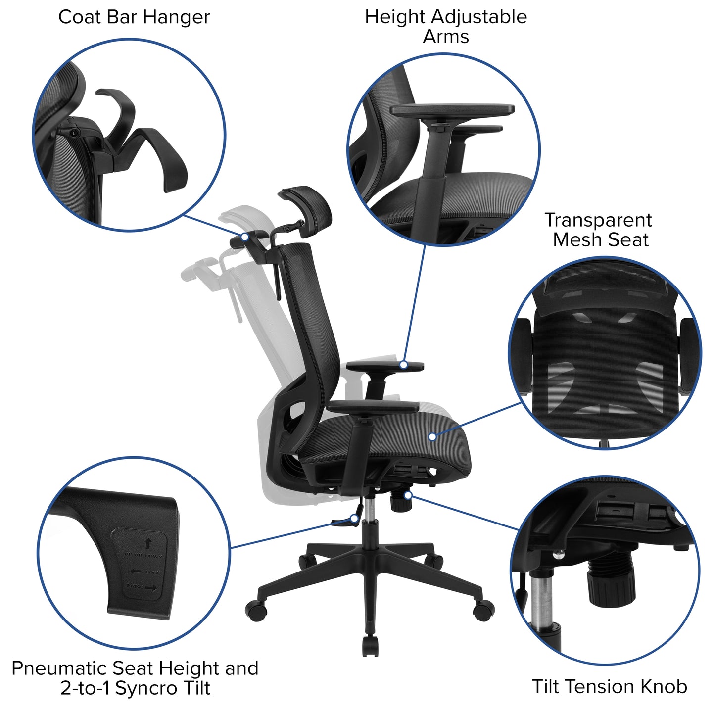 Layla Ergonomic Mesh Office Chair with Synchro-Tilt, Pivot Adjustable Headrest, Lumbar Support, Coat Hanger and Adjustable Arms in Black Black