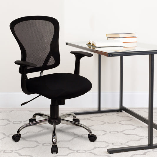 Alfred Mid-Back Black Mesh Swivel Task Office Chair with Chrome Base and Arms Black H-8369F-BLK-GG