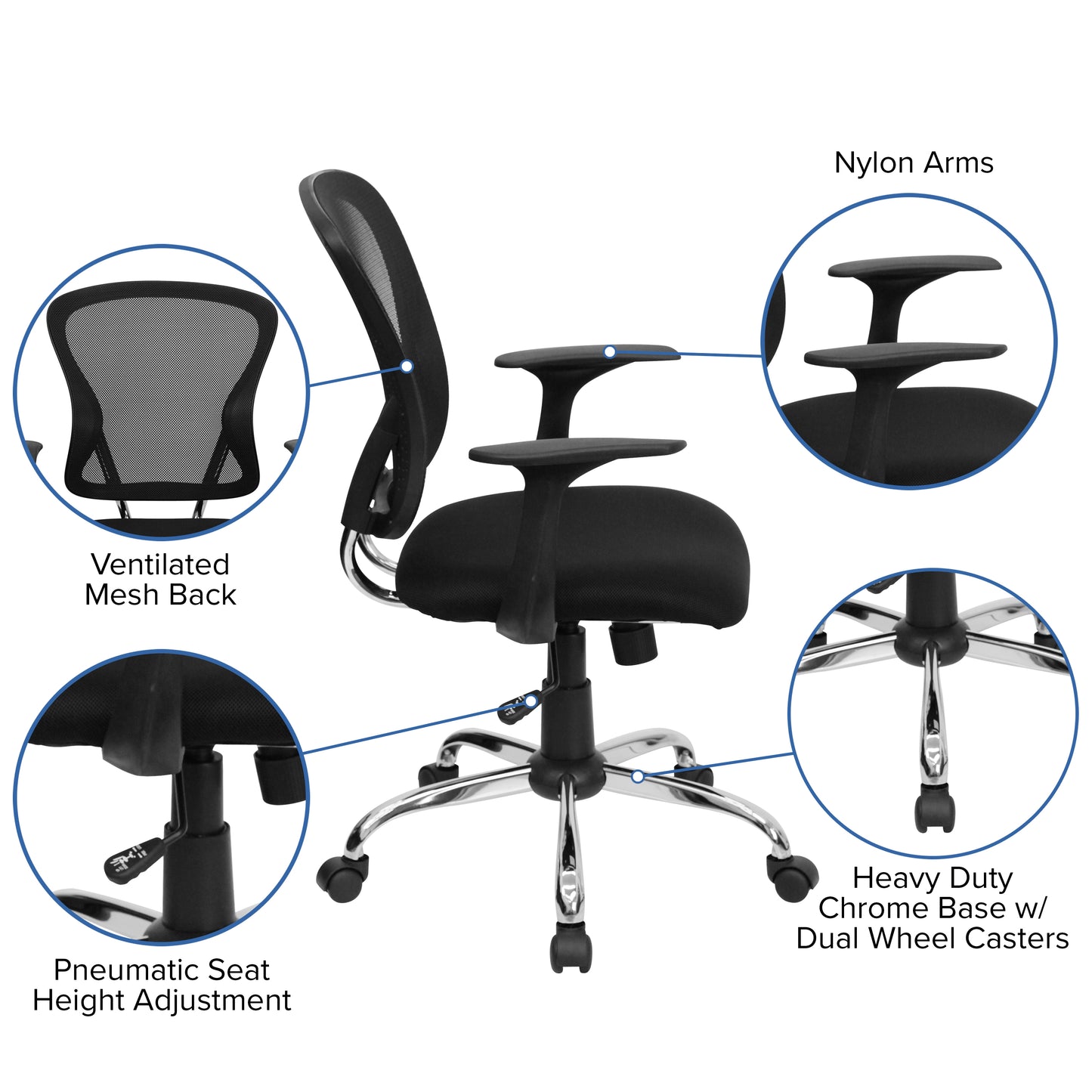 Alfred Mid-Back Black Mesh Swivel Task Office Chair with Chrome Base and Arms Black