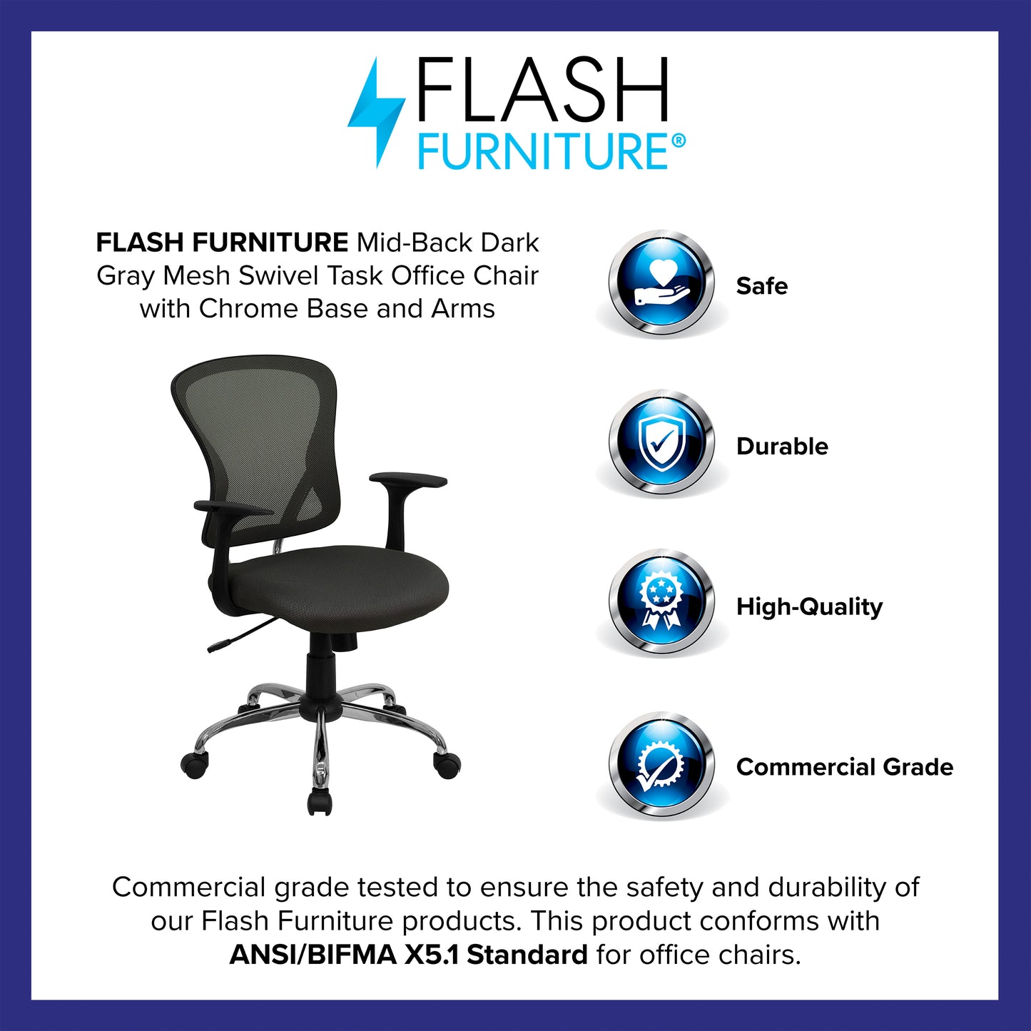 Alfred Mid-Back Dark Gray Mesh Swivel Task Office Chair with Chrome Base and Arms Dark Gray