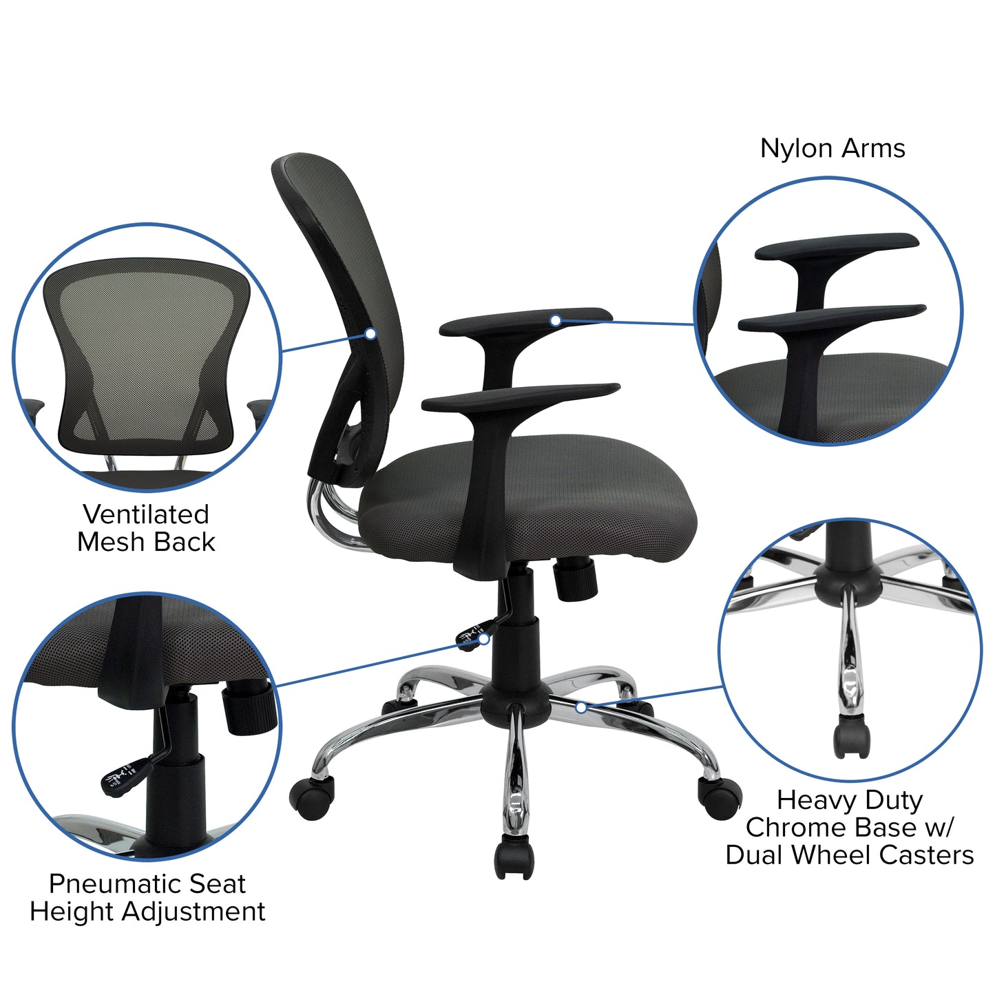 Alfred Mid-Back Dark Gray Mesh Swivel Task Office Chair with Chrome Base and Arms Dark Gray