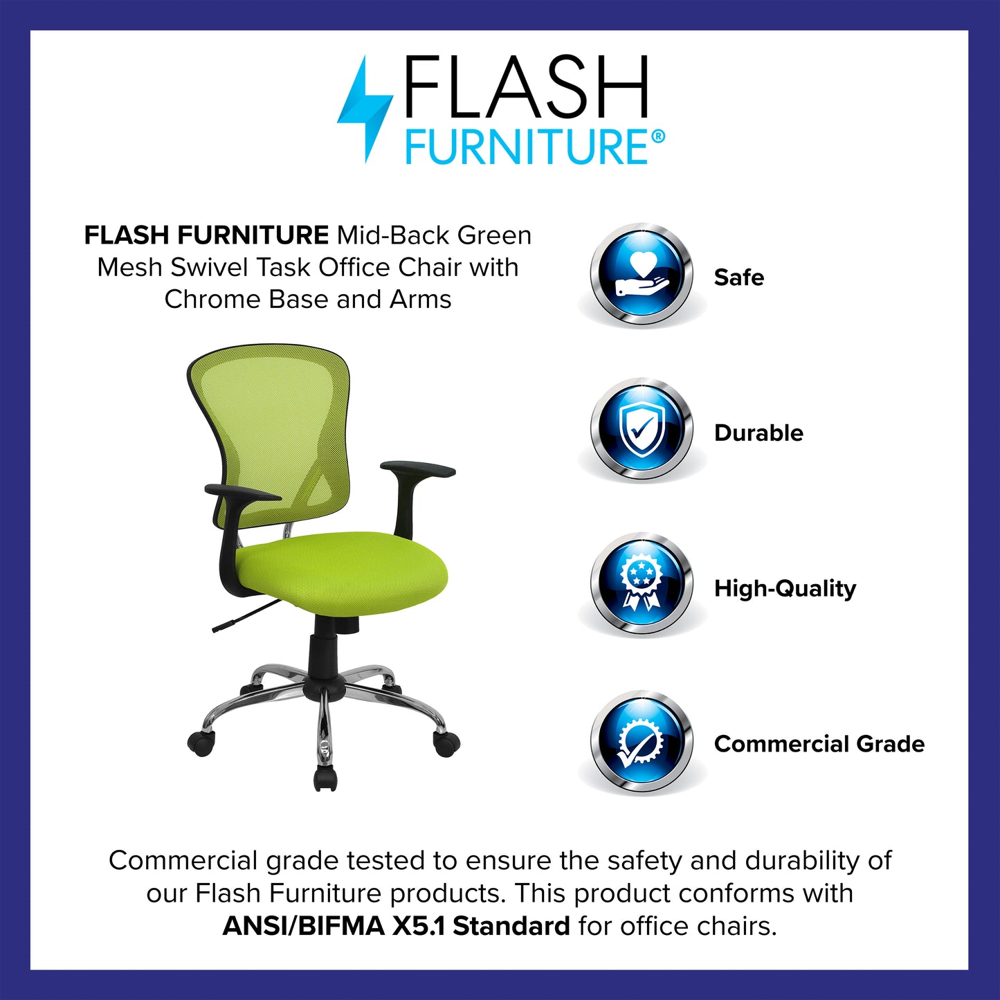 Alfred Mid-Back Green Mesh Swivel Task Office Chair with Chrome Base and Arms Green