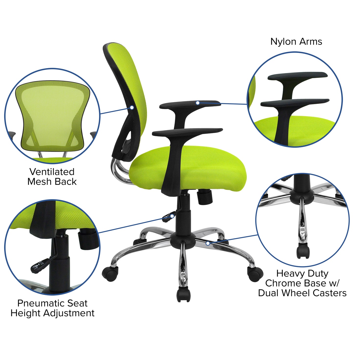 Alfred Mid-Back Green Mesh Swivel Task Office Chair with Chrome Base and Arms Green