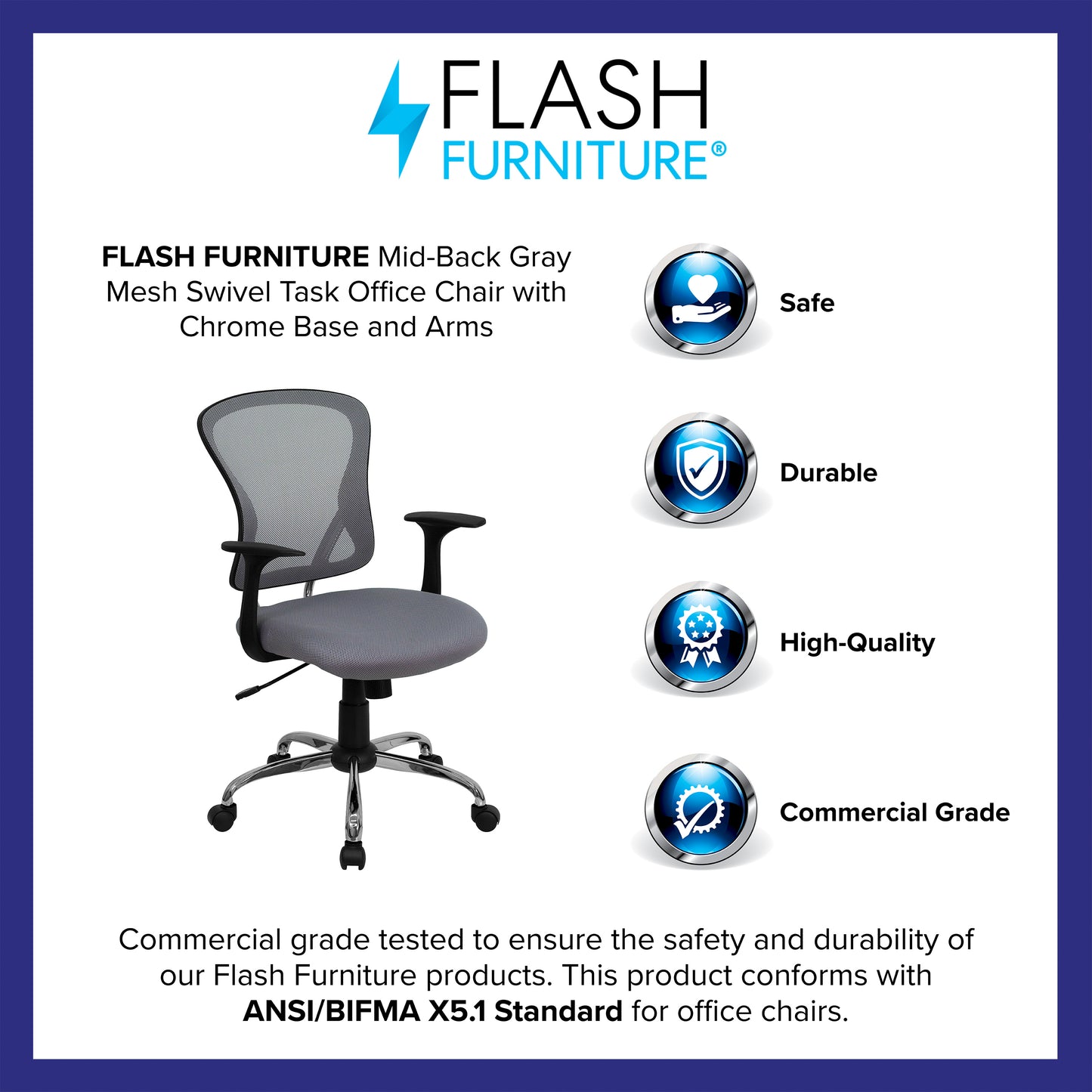 Alfred Mid-Back Gray Mesh Swivel Task Office Chair with Chrome Base and Arms Gray