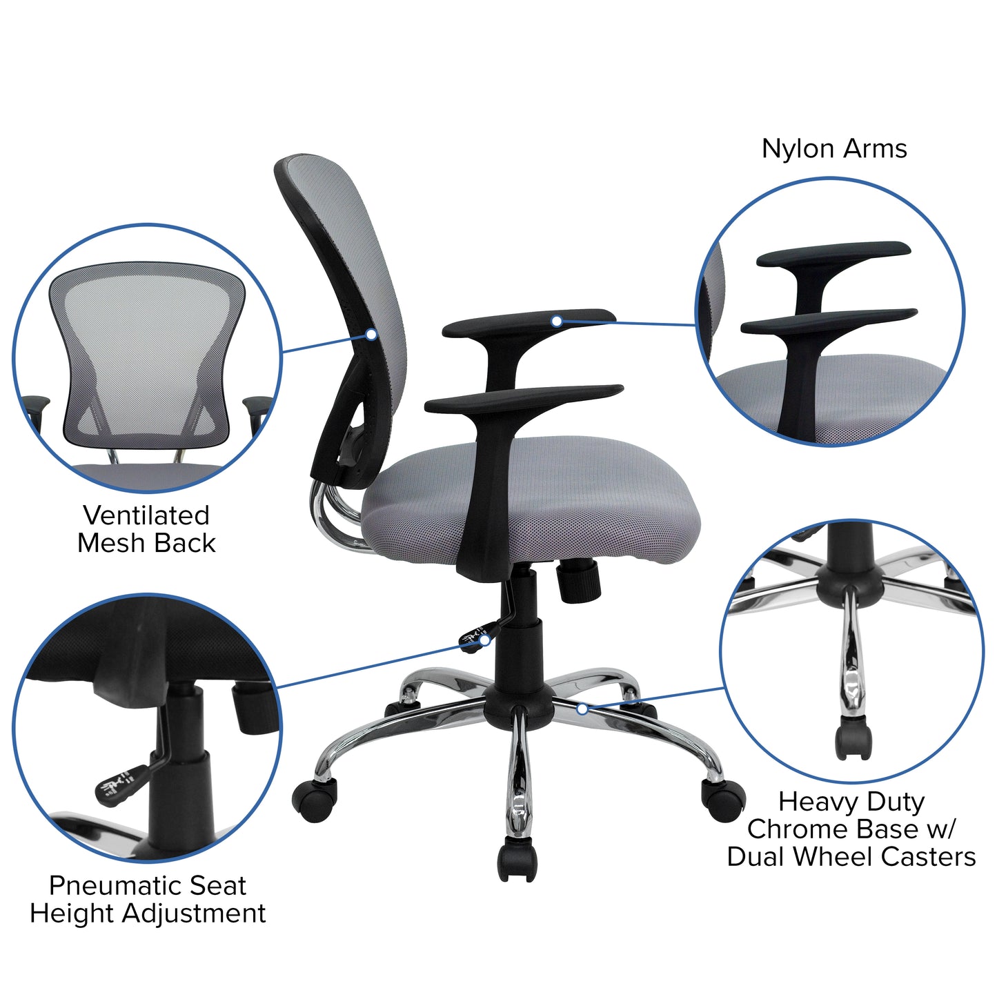 Alfred Mid-Back Gray Mesh Swivel Task Office Chair with Chrome Base and Arms Gray