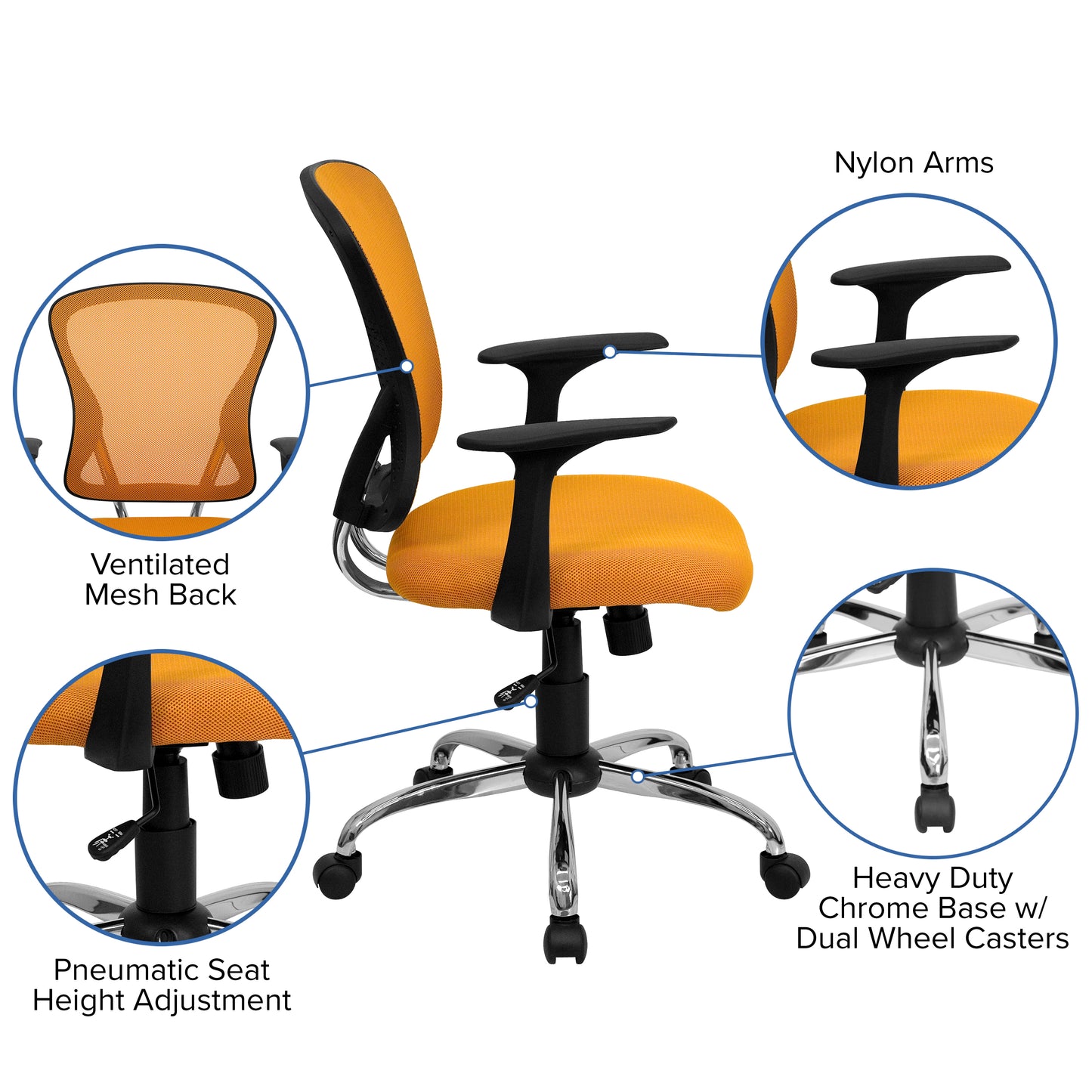 Alfred Mid-Back Orange Mesh Swivel Task Office Chair with Chrome Base and Arms Orange