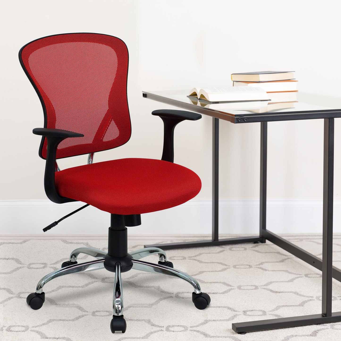Alfred Mid-Back Red Mesh Swivel Task Office Chair with Chrome Base and Arms Red