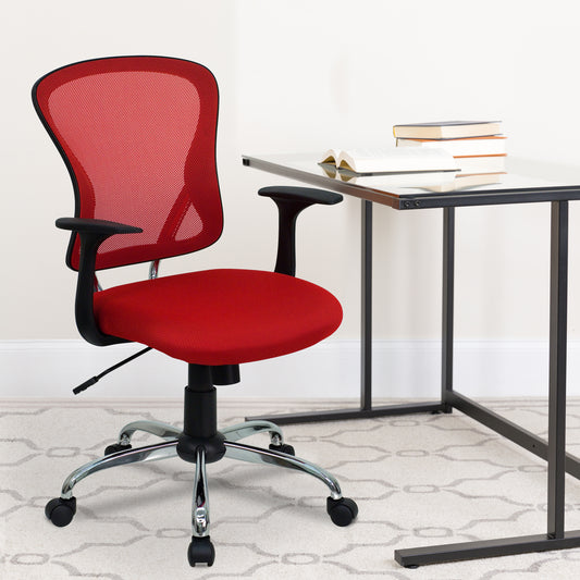 Alfred Mid-Back Red Mesh Swivel Task Office Chair with Chrome Base and Arms Red H-8369F-RED-GG