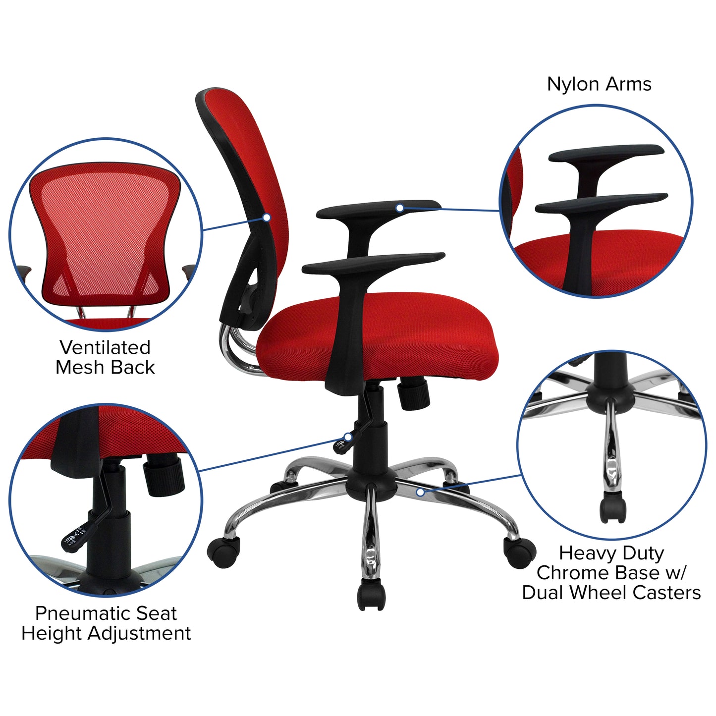 Alfred Mid-Back Red Mesh Swivel Task Office Chair with Chrome Base and Arms Red