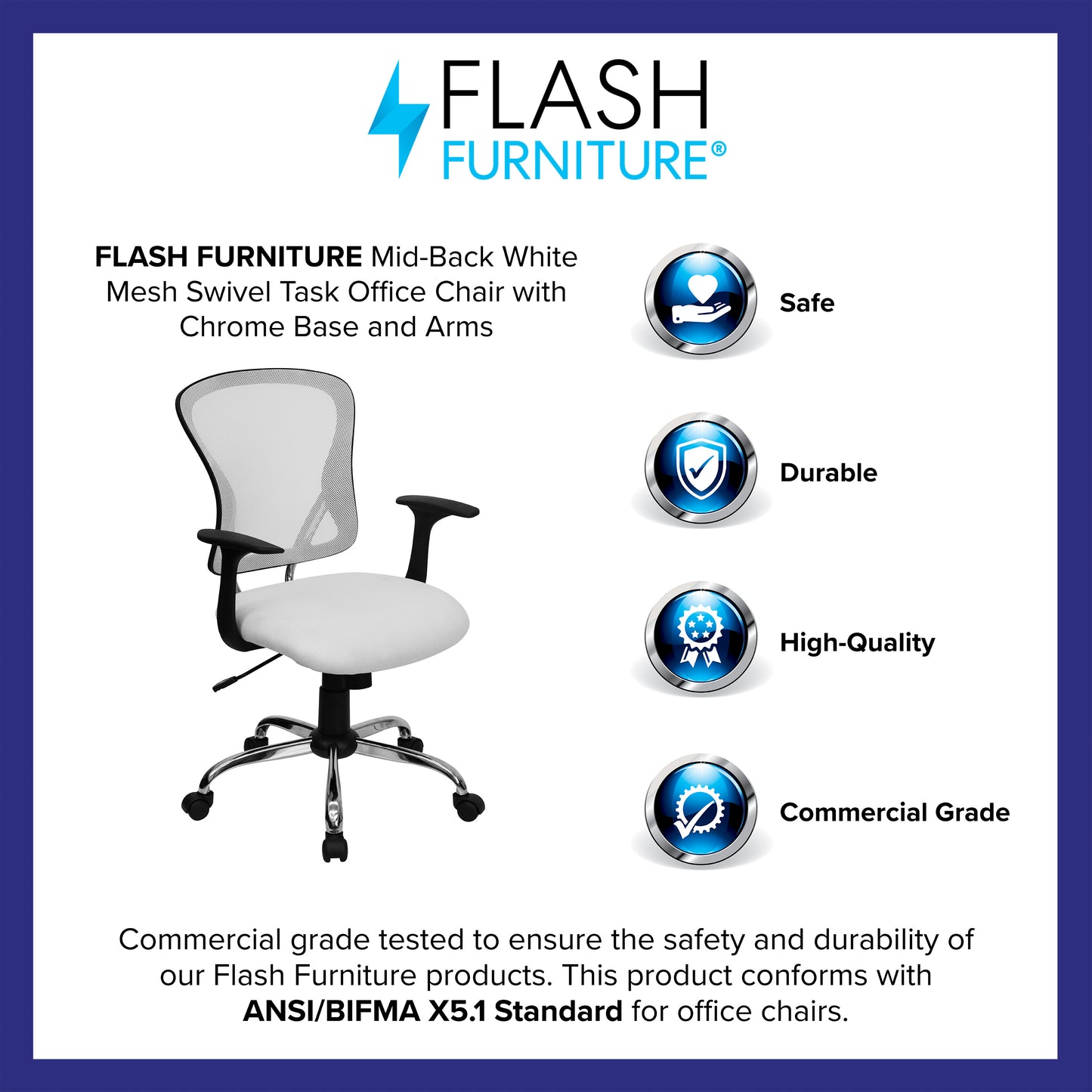 Alfred Mid-Back White Mesh Swivel Task Office Chair with Chrome Base and Arms White