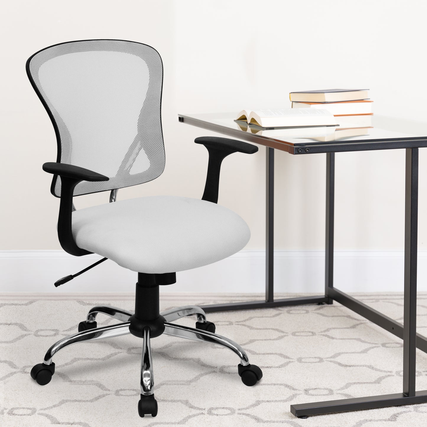 Alfred Mid-Back White Mesh Swivel Task Office Chair with Chrome Base and Arms White