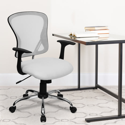 Alfred Mid-Back White Mesh Swivel Task Office Chair with Chrome Base and Arms White H-8369F-WHT-GG
