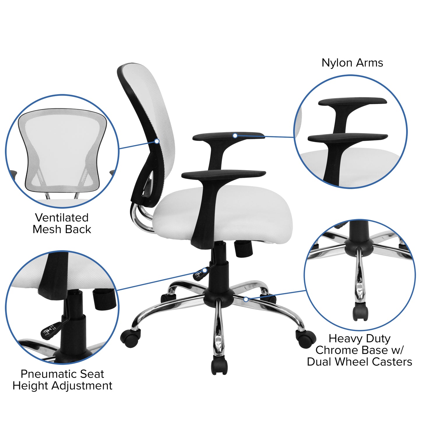 Alfred Mid-Back White Mesh Swivel Task Office Chair with Chrome Base and Arms White