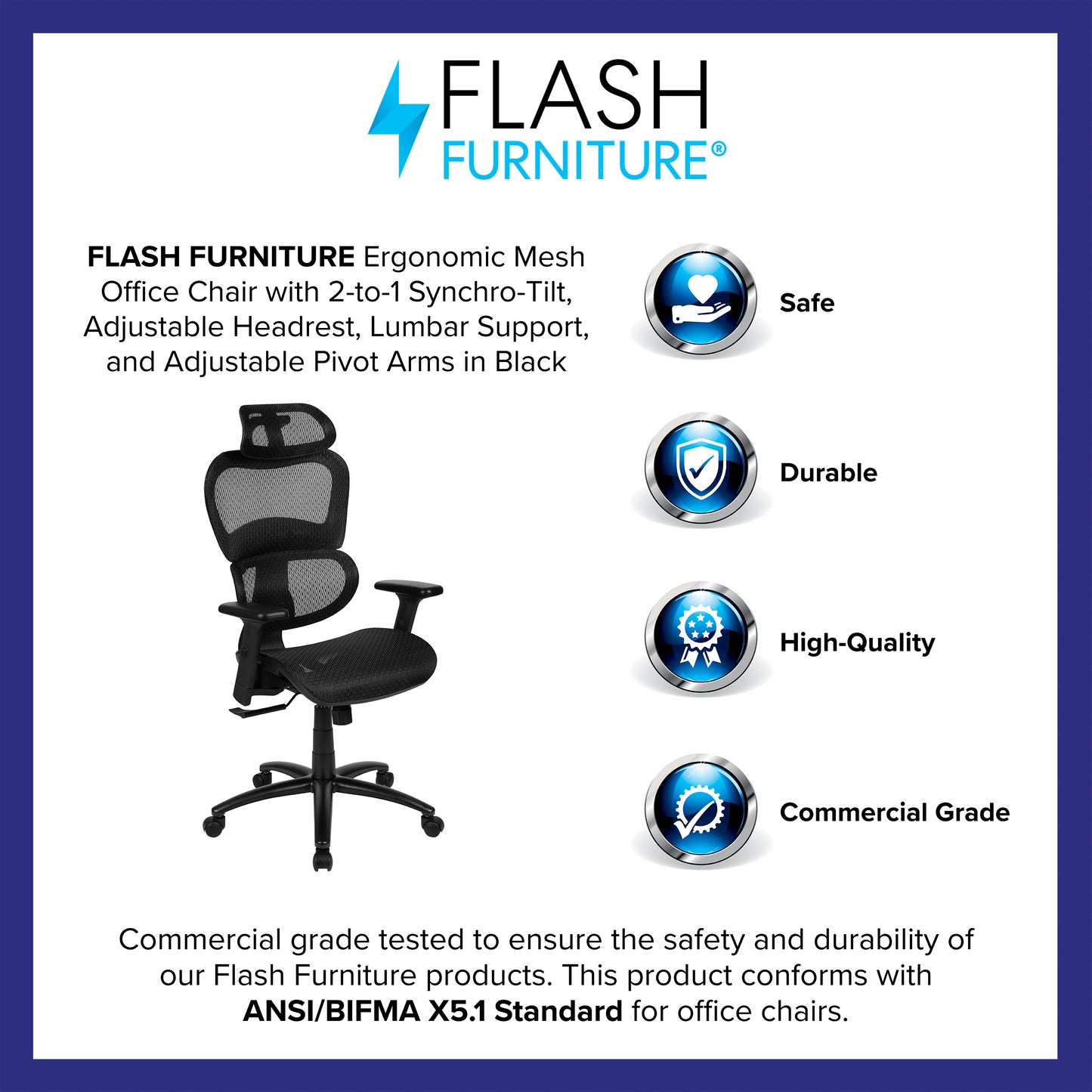 LO Ergonomic Mesh Office Chair with 2-to-1 Synchro-Tilt, Adjustable Headrest, Lumbar Support, and Adjustable Pivot Arms in Black Black