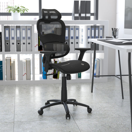 LO Ergonomic Mesh Office Chair with 2-to-1 Synchro-Tilt, Adjustable Headrest, Lumbar Support, and Adjustable Pivot Arms in Black Black H-LC-1388F-1K-BK-GG