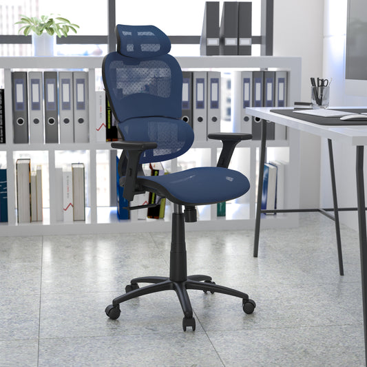 LO Ergonomic Mesh Office Chair with 2-to-1 Synchro-Tilt, Adjustable Headrest, Lumbar Support, and Adjustable Pivot Arms in Blue Blue H-LC-1388F-1K-BL-GG