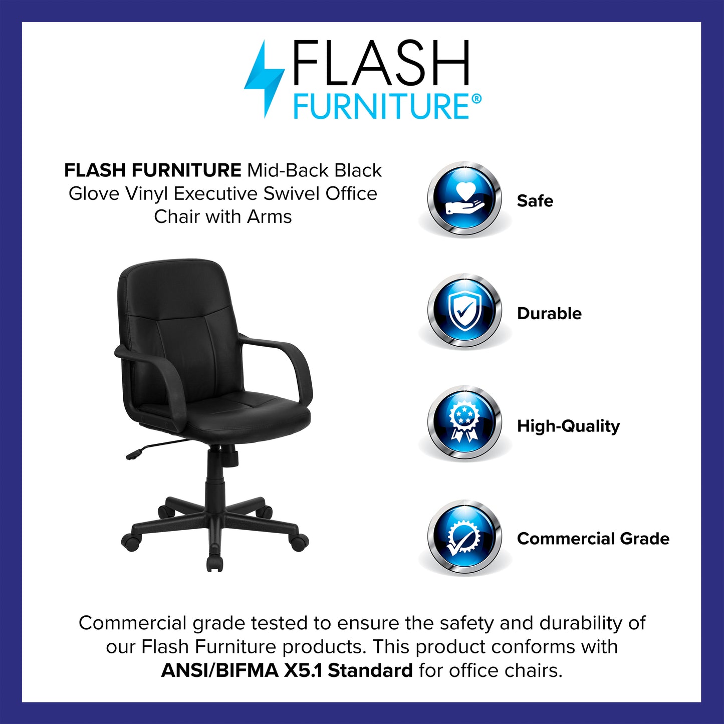 Paulson Mid-Back Black Glove Vinyl Executive Swivel Office Chair with Arms Black