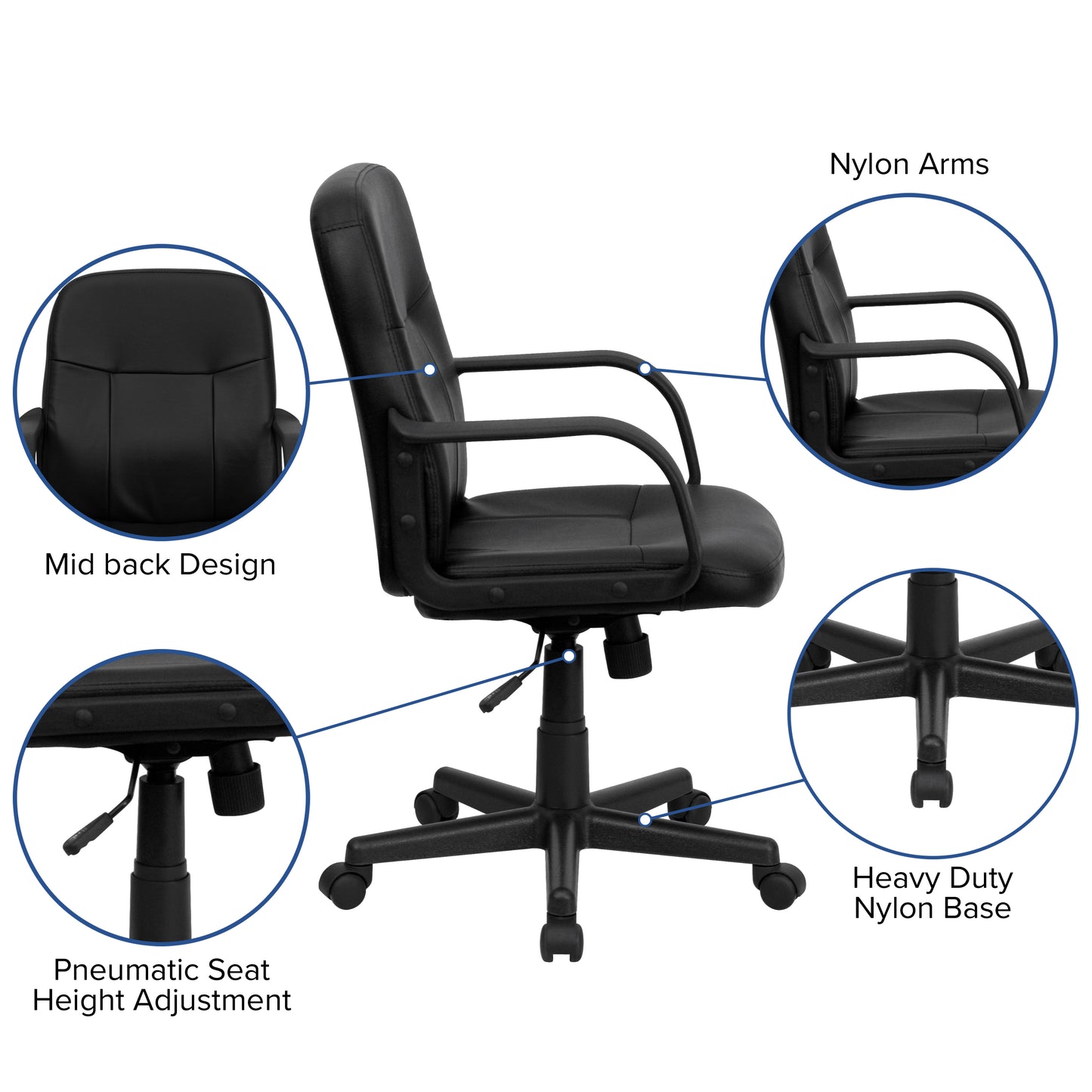 Paulson Mid-Back Black Glove Vinyl Executive Swivel Office Chair with Arms Black
