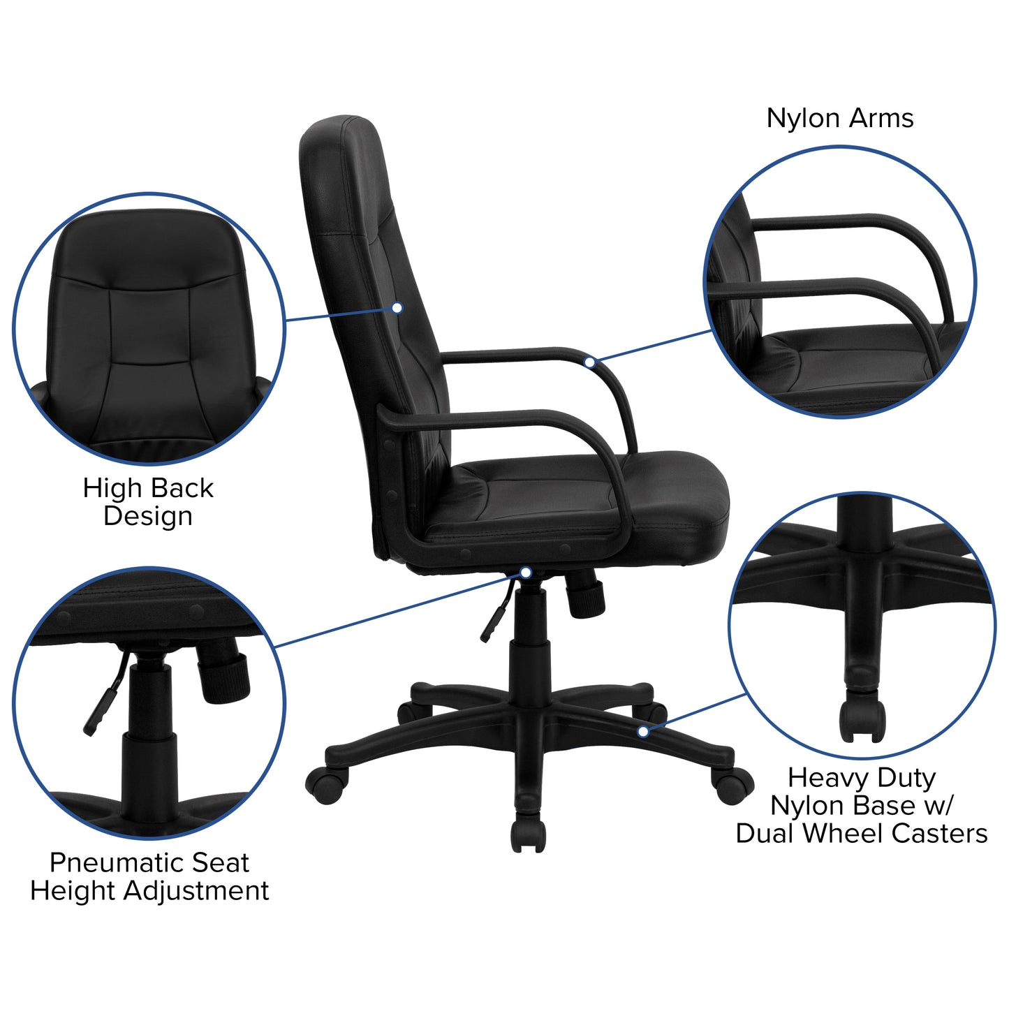 Holly High Back Black Glove Vinyl Executive Swivel Office Chair with Arms Black