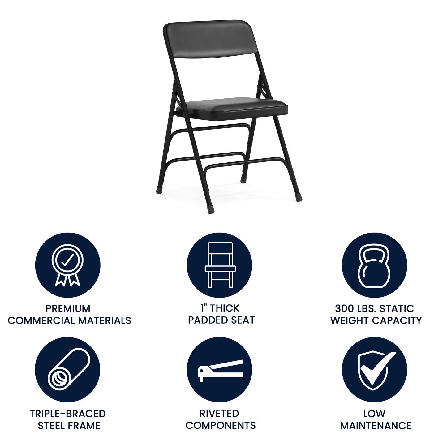 HERCULES Series Metal Folding Chairs with Padded Seats | Set of 2 Black Metal Folding Chairs Black Vinyl/Black Frame